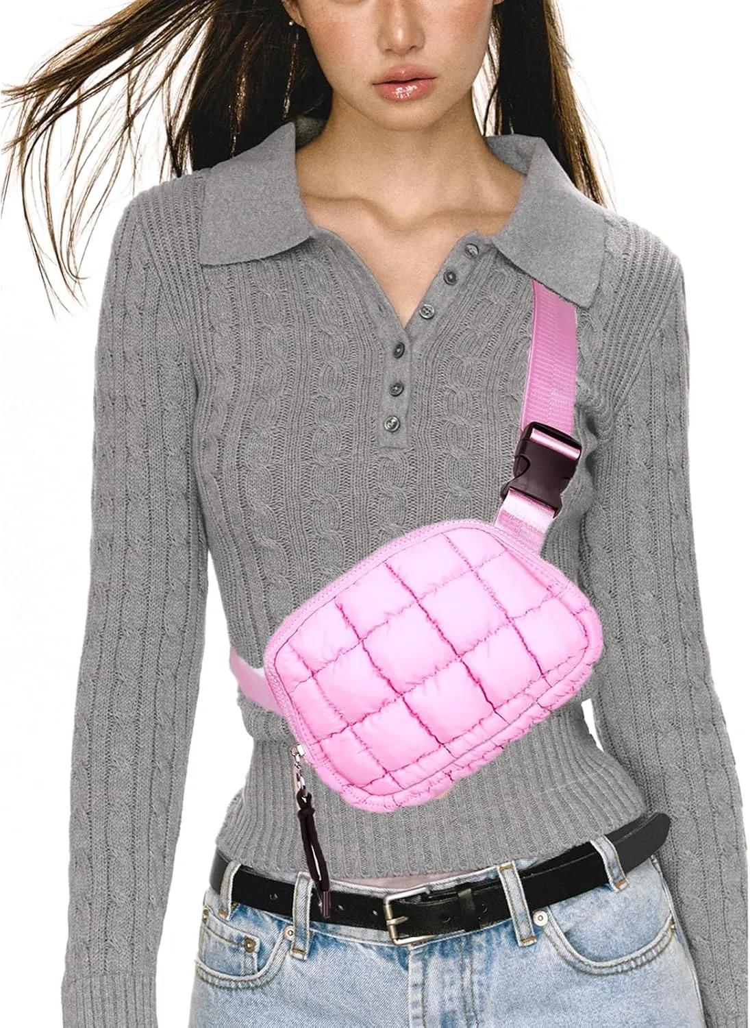 Quilted Puffer Belt Bag, Everywhere Waist Fanny Packs, Lightweight Crossbody Bag with Adjustable Strap, Pink