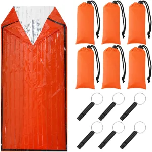 Qunclay 6 Set Emergency Sleeping Bag Portable Bivy Sack with Whistles Thermal Waterproof Survival Bag Foldable Lightweight Emergency Supplies for Outdoor Travel Camping Hiking