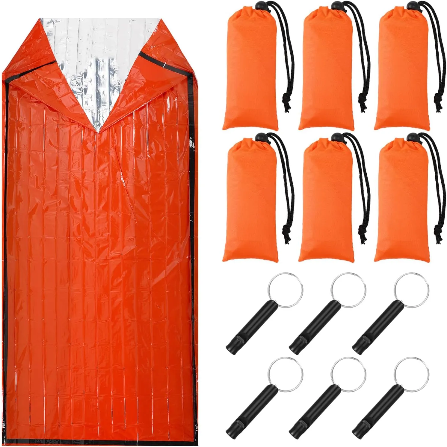 Qunclay 6 Set Emergency Sleeping Bag Portable Bivy Sack with Whistles Thermal Waterproof Survival Bag Foldable Lightweight Emergency Supplies for Outdoor Travel Camping Hiking
