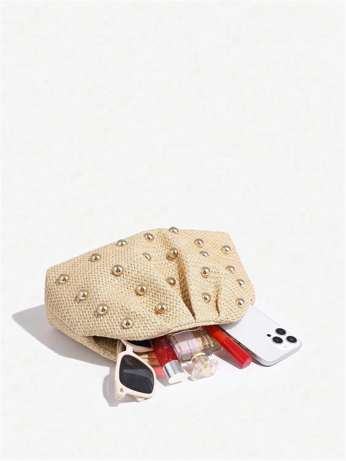 QWINEE Women's Elegant Studded Clutch Bag Magnet Ruched Bags Retro Vintage Evening Handbag