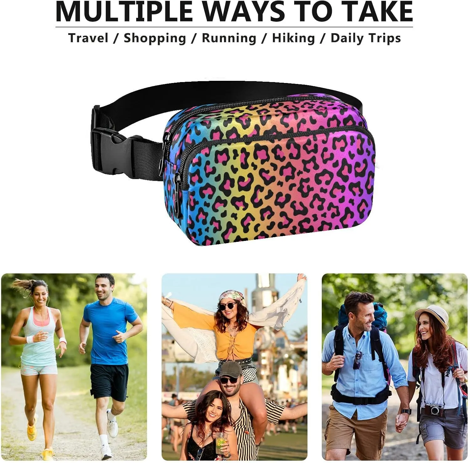 Rainbow Colored Leopard Print Belt Bag for Women Men Fanny Pack Small Waist Pouch Crossbody Bags for Outdoor Hiking Running Travel