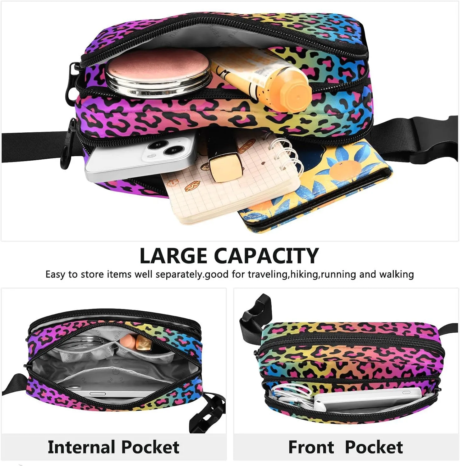 Rainbow Colored Leopard Print Belt Bag for Women Men Fanny Pack Small Waist Pouch Crossbody Bags for Outdoor Hiking Running Travel