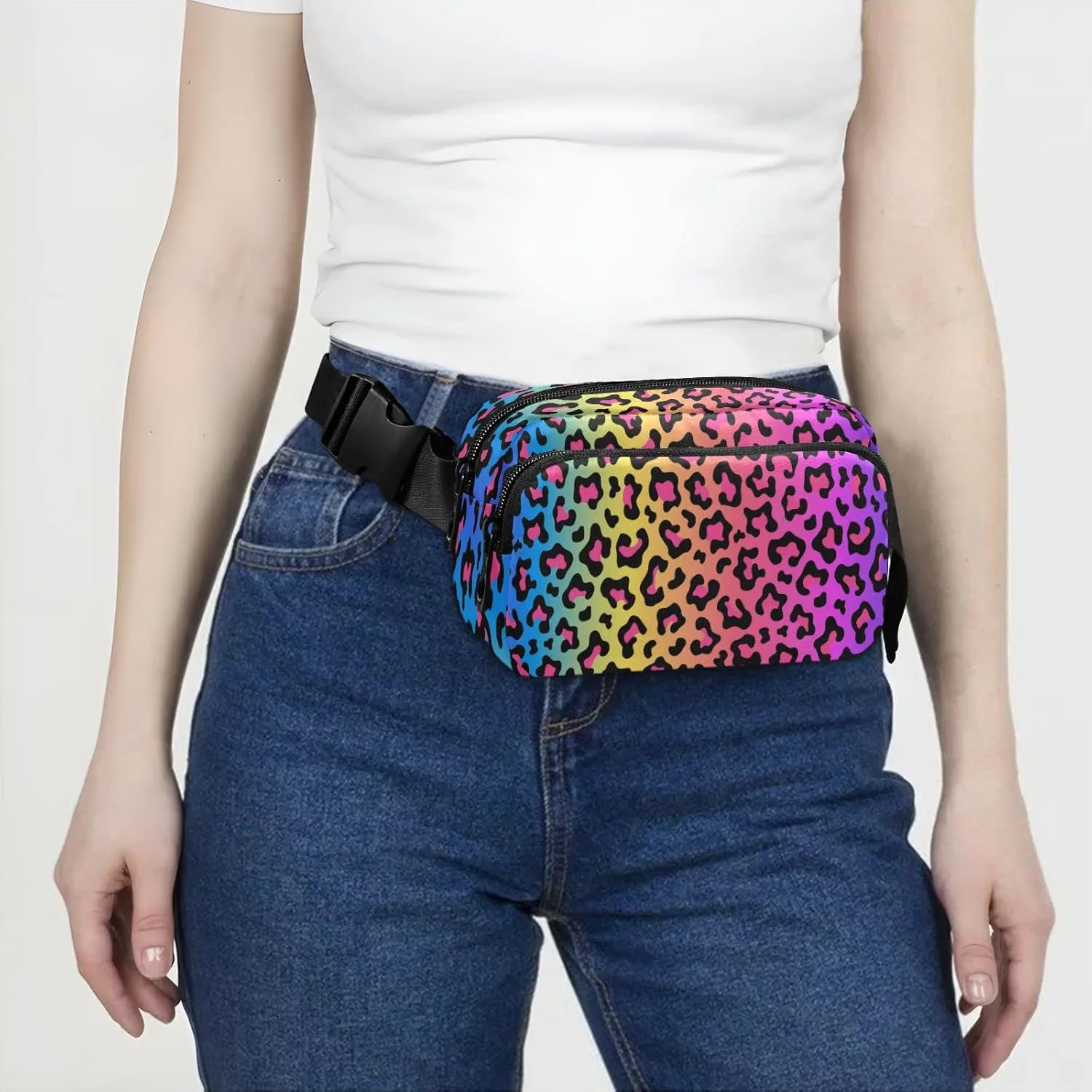 Rainbow Colored Leopard Print Belt Bag for Women Men Fanny Pack Small Waist Pouch Crossbody Bags for Outdoor Hiking Running Travel