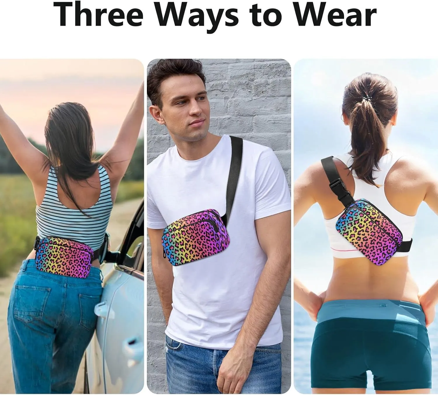 Rainbow Colored Leopard Print Belt Bag for Women Men Fanny Pack Small Waist Pouch Crossbody Bags for Outdoor Hiking Running Travel