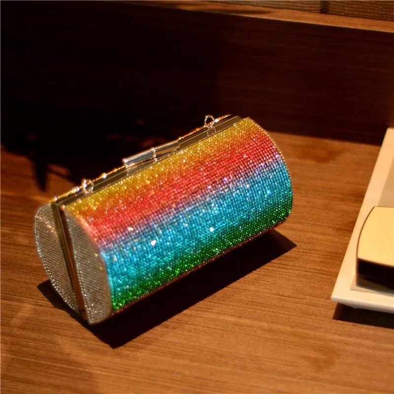 Rainbow Gradient Diamond Luxury Women Party Clutch Bag Purses and Handbags Evening Bag Ladies Shoulder Chain Bag Banquet Bag