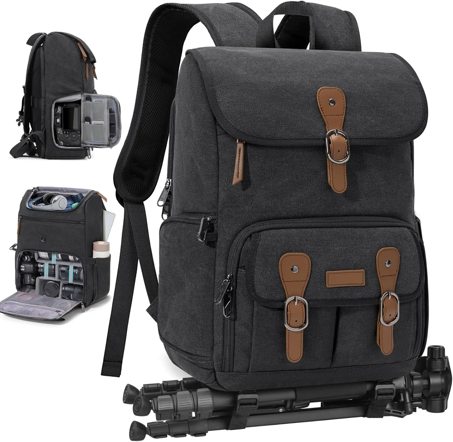 RAINSMORE Camera Bag Backpack Professional for DSLR/SLR Mirrorless 15.6 Inch Laptop Camera Back Pack for Photographers Anti-Theft Photography Bags Case with Tripod Holder & Rain Cover, Black
