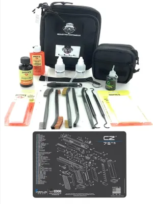 RangeMaster Elite EDC Bag Gun Cleaning Kit- Compatible for CZ 75 TS - Schematic Mat (Exploded View) with Hoppes Gun Oil No.9 Solvent & Patches Clenzoil CLP 10 Pc Cleaning Accessories Set