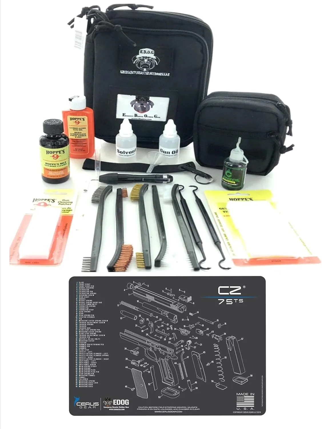 RangeMaster Elite EDC Bag Gun Cleaning Kit- Compatible for CZ 75 TS - Schematic Mat (Exploded View) with Hoppes Gun Oil No.9 Solvent & Patches Clenzoil CLP 10 Pc Cleaning Accessories Set
