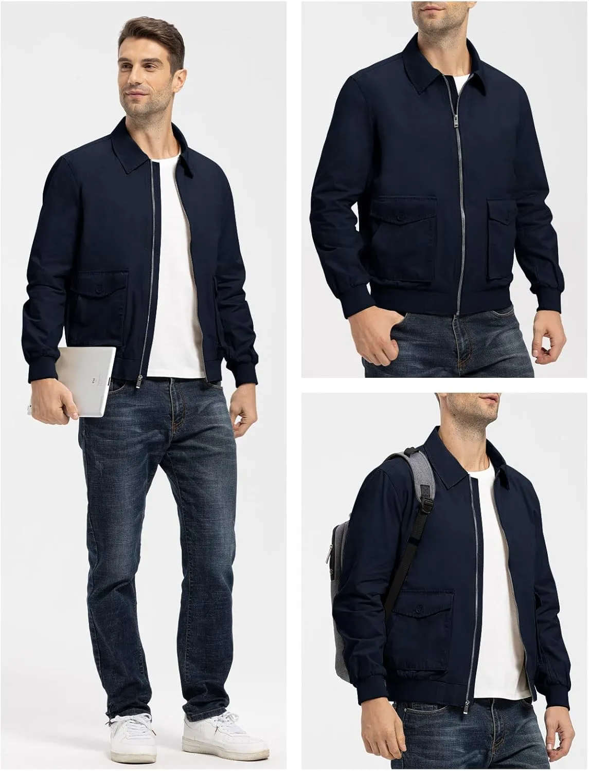 Rdruko Men's Cotton Lightweight Jackets Casual Work Golf Windbreaker with 6 Pockets