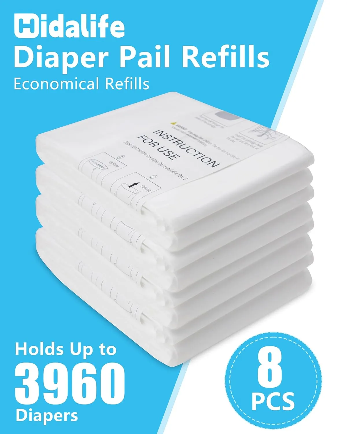 Refills Compatible with Dekor Classic Diaper Pails, Disposable Diaper Trash Bags, Extra Thick Diaper Pail Refill Liners, Hold Up to 3960 Diapers (8 Pack)