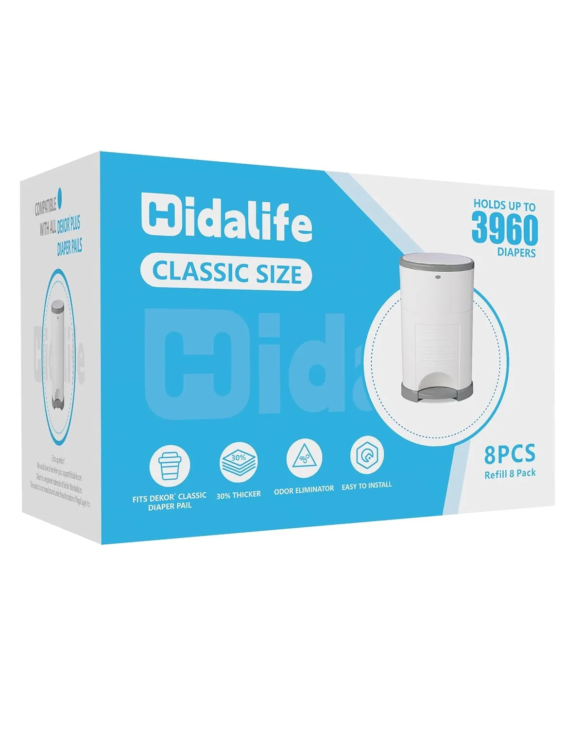 Refills Compatible with Dekor Classic Diaper Pails, Disposable Diaper Trash Bags, Extra Thick Diaper Pail Refill Liners, Hold Up to 3960 Diapers (8 Pack)
