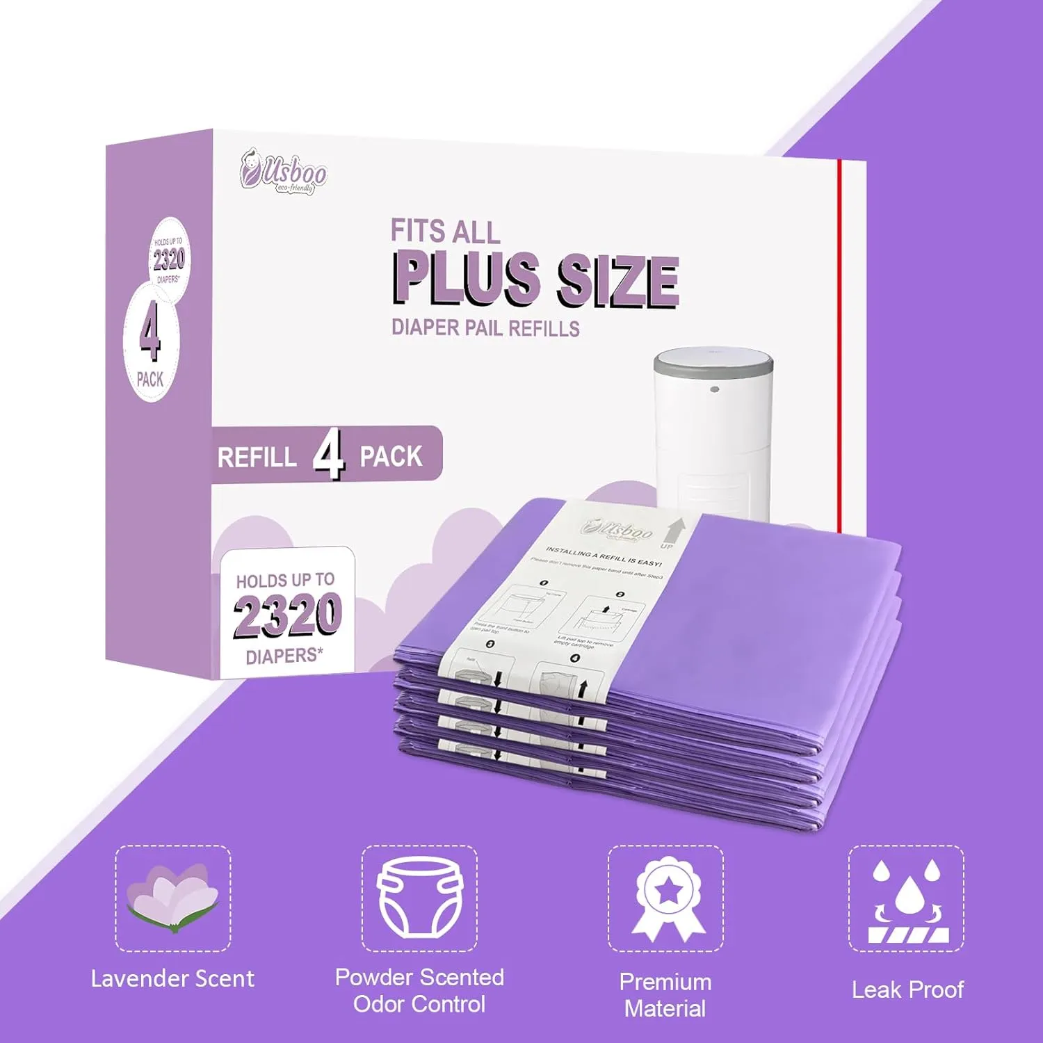 Refills Compatible with Dekor PLUS Diaper Pail,4 Pack Disposable Diaper Pail Refills, Easy to Replace and Dispose Diaper Trash Bags, Holds up to 2320 Diapers,Lavender Scent
