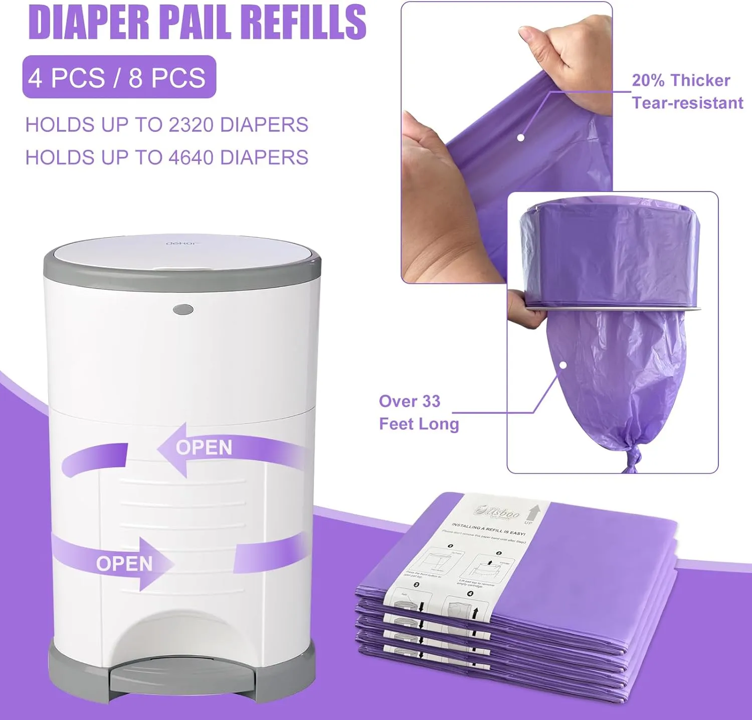 Refills Compatible with Dekor PLUS Diaper Pail,4 Pack Disposable Diaper Pail Refills, Easy to Replace and Dispose Diaper Trash Bags, Holds up to 2320 Diapers,Lavender Scent