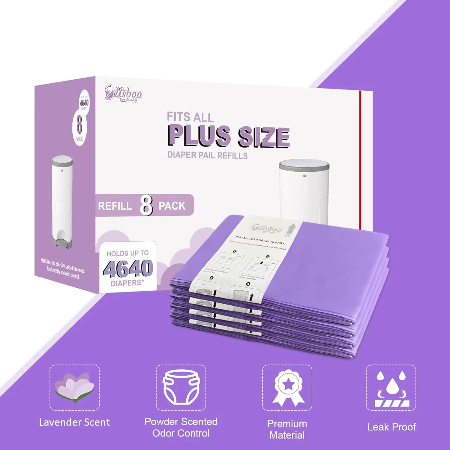 Refills Compatible with Dekor PLUS Diaper Pail,8 Pack Disposable Diaper Pail Refills, Easy to Replace and Dispose Diaper Trash Bags, Holds up to 4640 Diapers,Lavender Scent