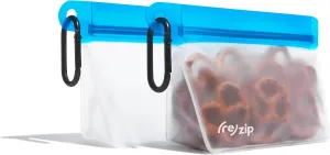 (re)zip On-the-Go Stand Up Travel-Ready Storage Clip-On Bags with 2 Carabiners, 2-Pack Cobalt - Reusable, Leakproof, Airtight, Food Grade & BPA Free