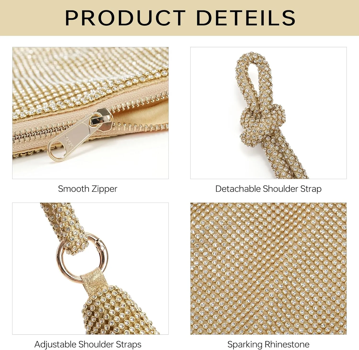 Rhinestone Evening Bag Purse For Women Sparkly Gold Clutch Purses Cross Body Mini Handbags For Women Party Club Wedding Prom Gold