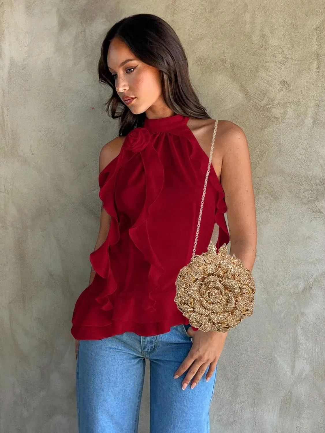 Rhinestone Rose Evening Clutch for Women Diamond Flower Cocktail Handbag Prom Party Shoulder Purse