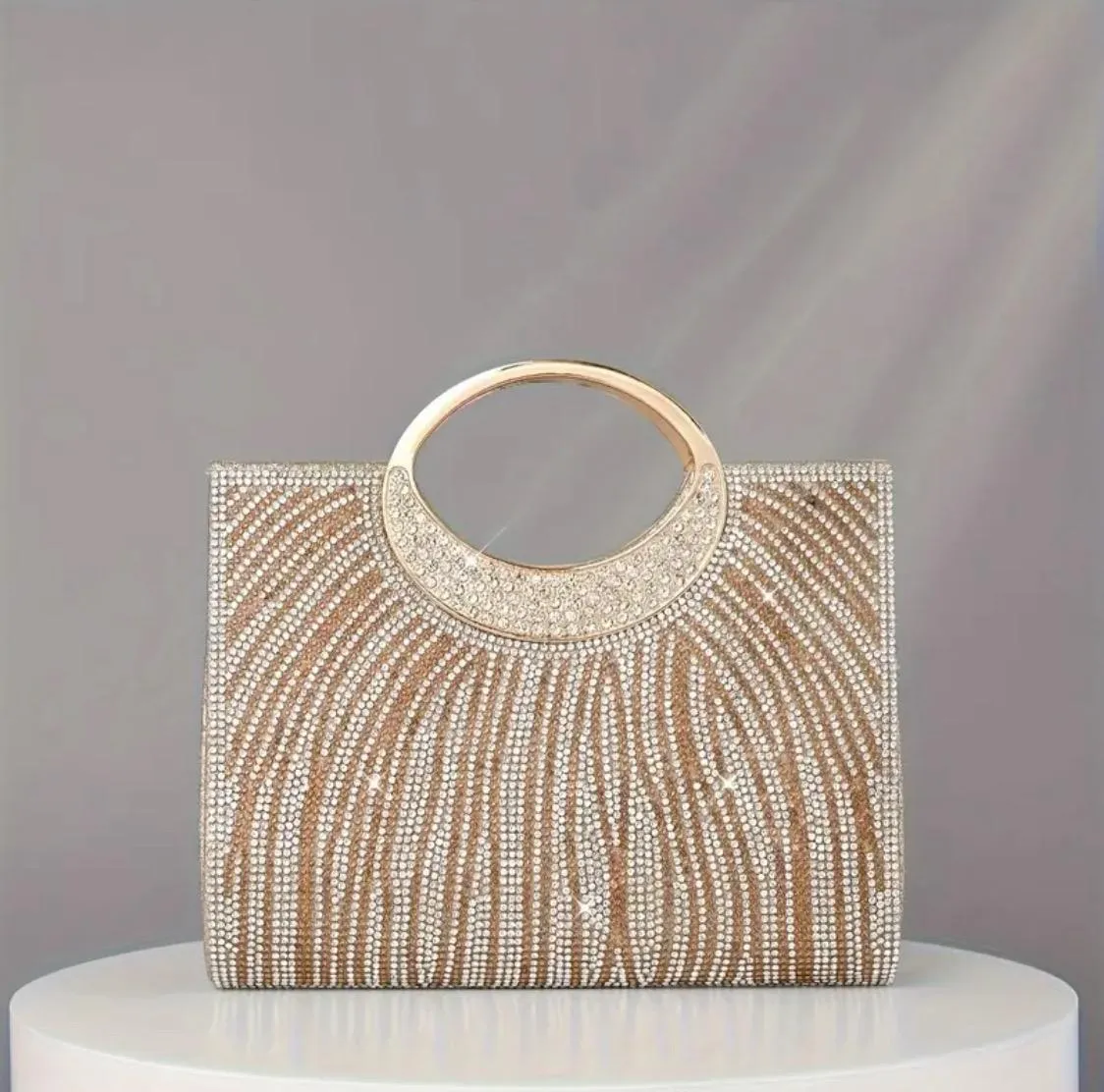 Rhinestones Top Handle Champagne Clutch Purse