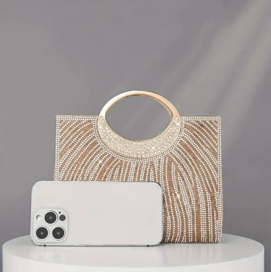 Rhinestones Top Handle Champagne Clutch Purse
