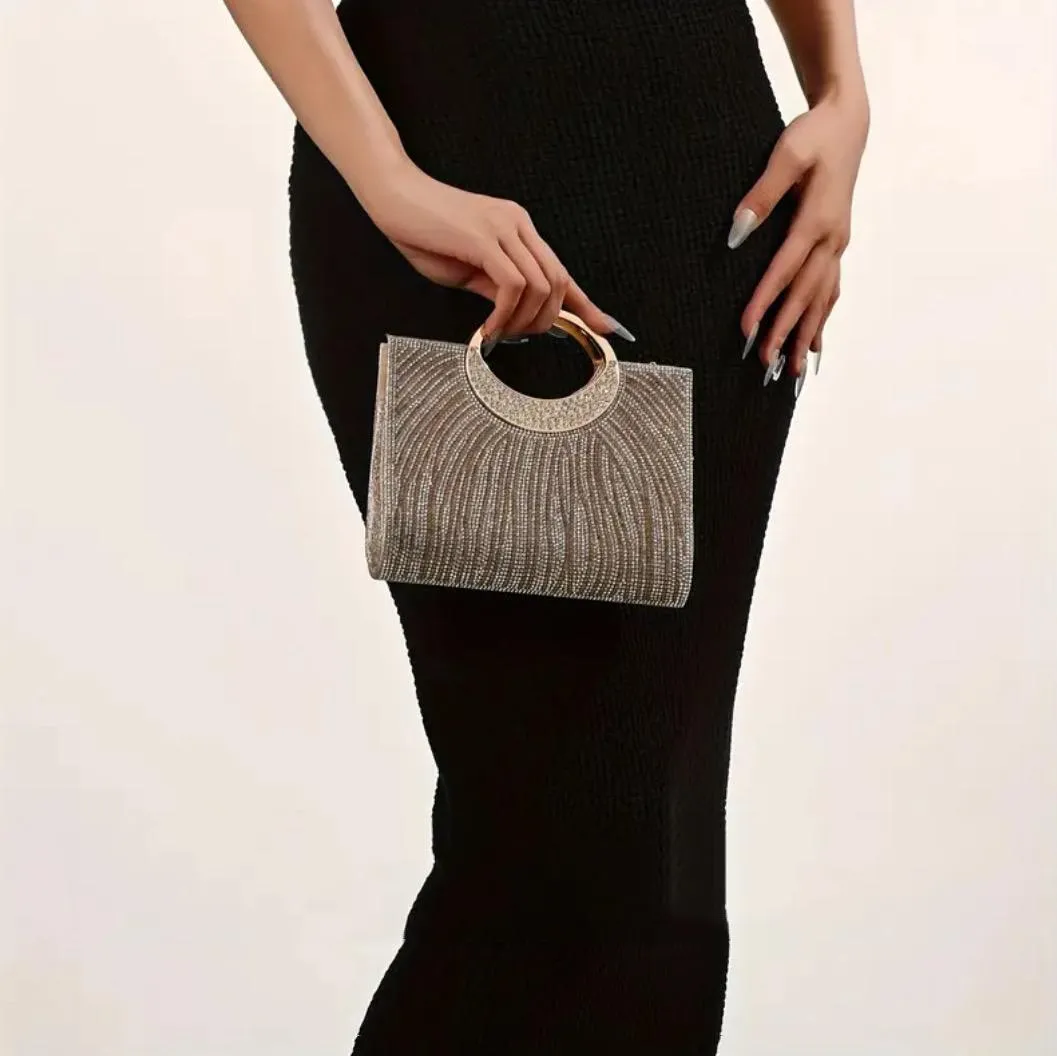 Rhinestones Top Handle Champagne Clutch Purse