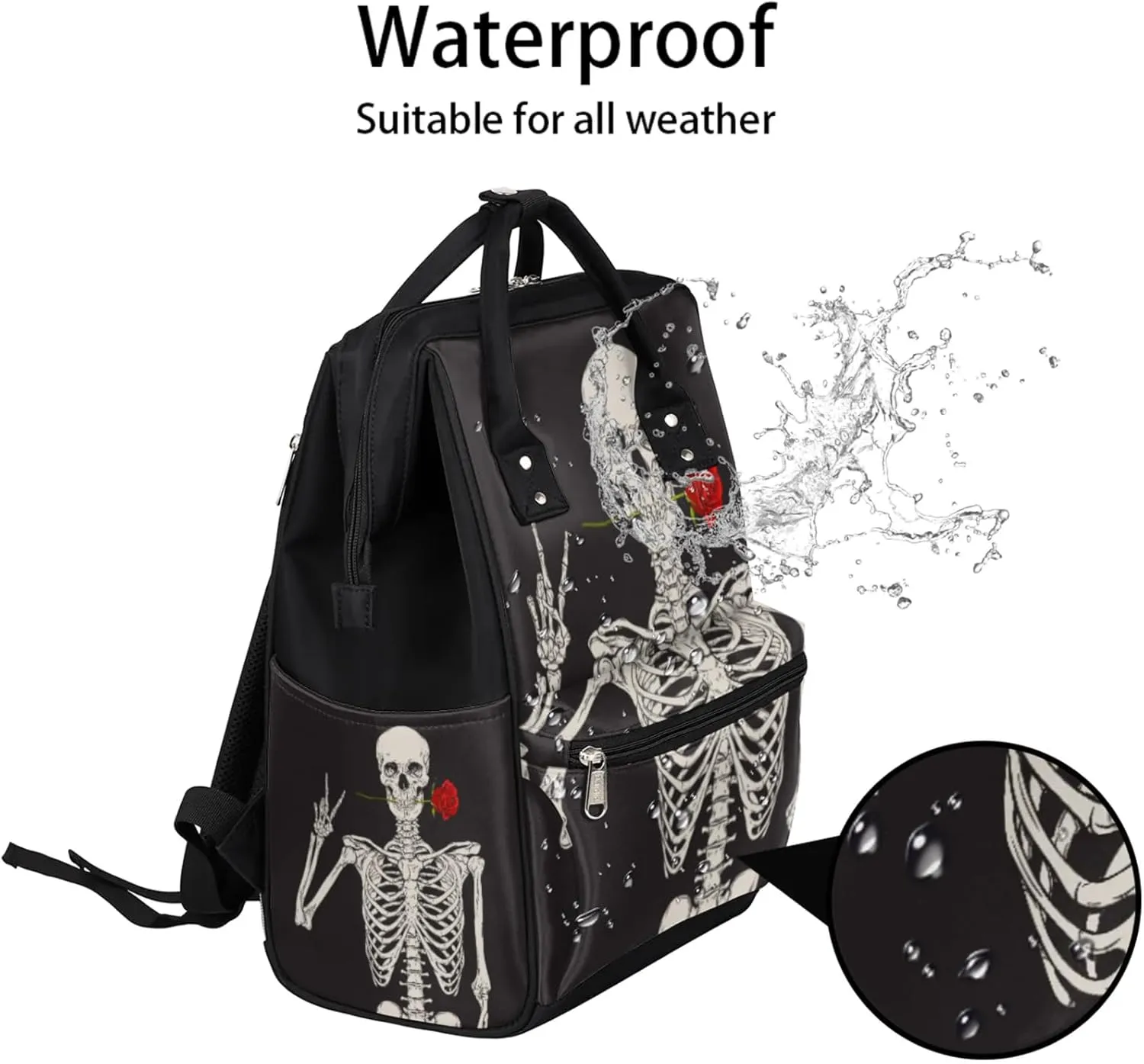 Rose Skeleton Boho Hippie Waterproof Diaper Bag Backpack Large Capacity Baby Bag with Stroller Straps, Multi-Pocket Diaper Bag Unisex Baby Travel Essentials Shower Gift