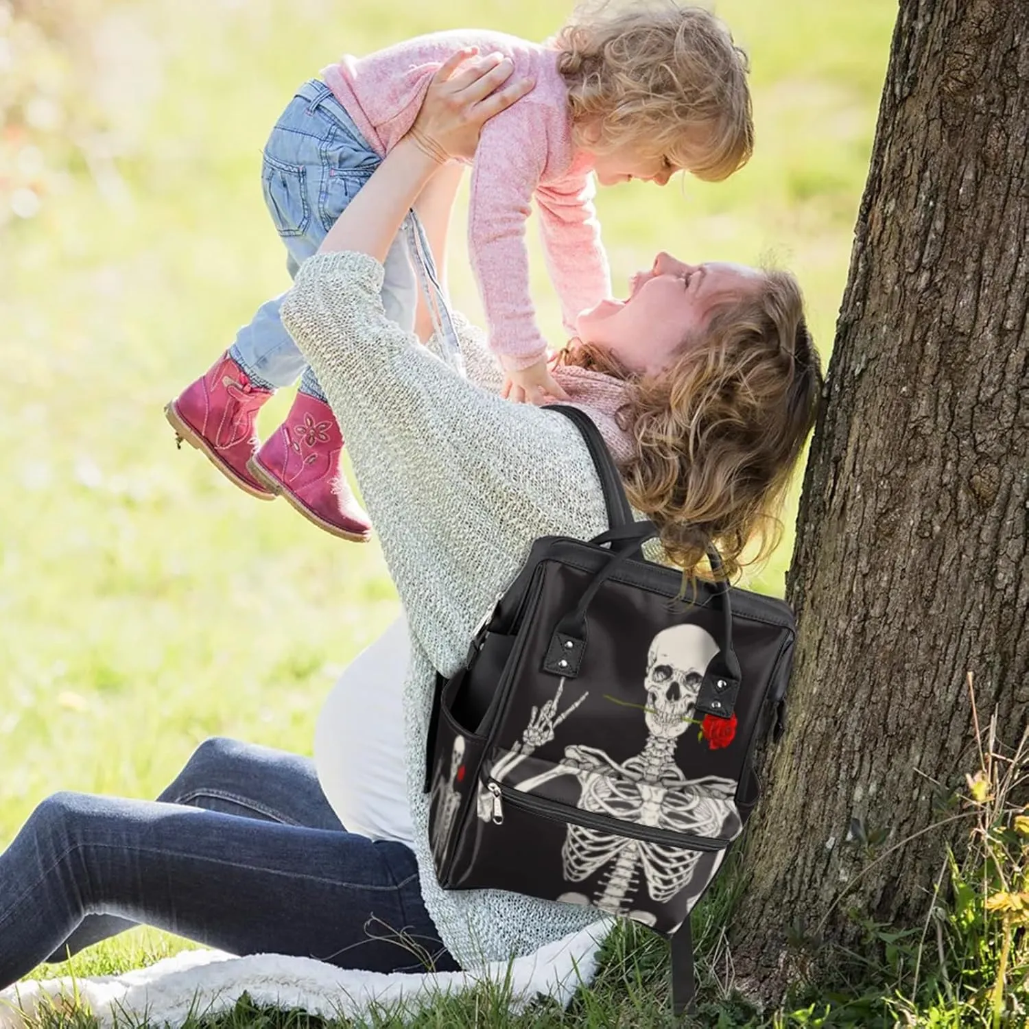 Rose Skeleton Boho Hippie Waterproof Diaper Bag Backpack Large Capacity Baby Bag with Stroller Straps, Multi-Pocket Diaper Bag Unisex Baby Travel Essentials Shower Gift