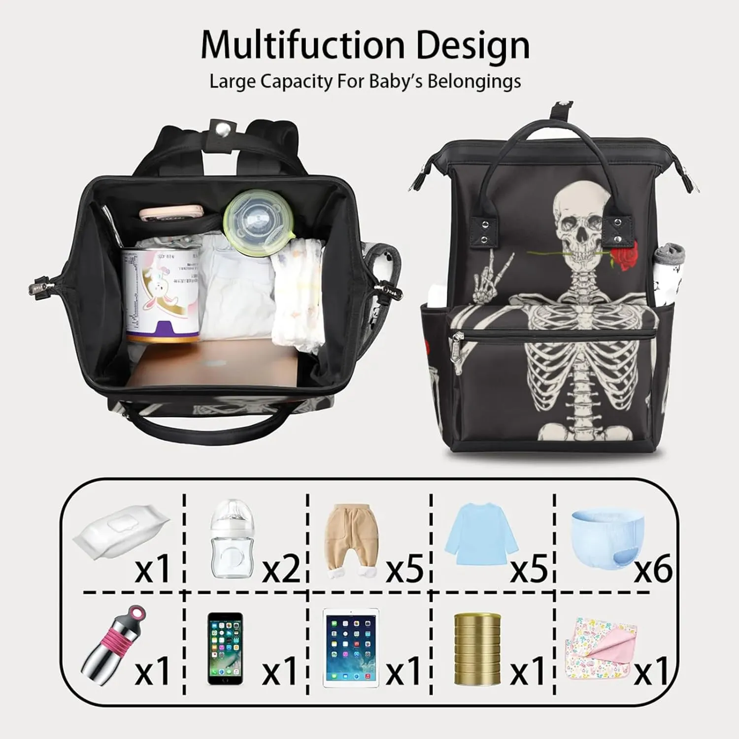 Rose Skeleton Boho Hippie Waterproof Diaper Bag Backpack Large Capacity Baby Bag with Stroller Straps, Multi-Pocket Diaper Bag Unisex Baby Travel Essentials Shower Gift