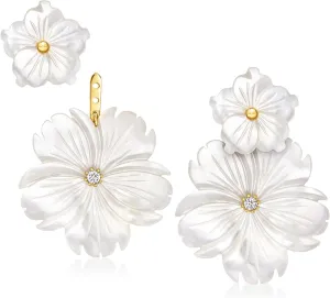 Ross-Simons Mother-Of-Pearl and .20 ct. t.w. White Topaz Flower Removable Drop Earrings With 18kt Gold Over Sterling