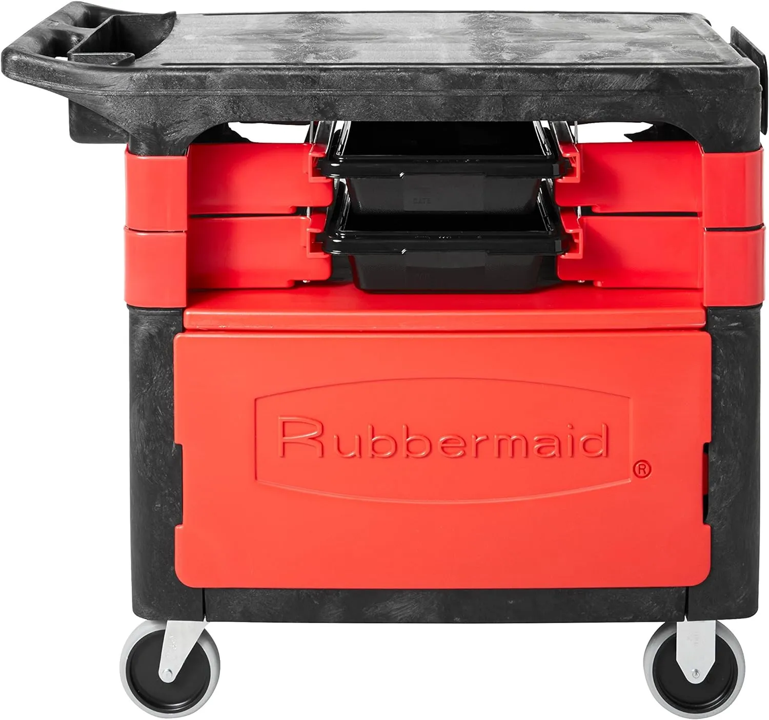 Rubbermaid Commercial Products Trades Tool Utility Cart, Locking Cabinet, with 2 Parts Boxes and 4 Parts Bins, 330 lb. Capacity, 5" Casters, Black, for Warehouse/Garage/Cleaning/Maintenance
