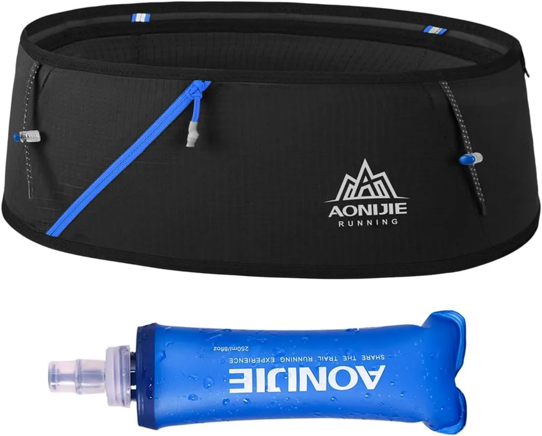 Running Pouch Belt Waist Pack Fanny Bag with 250ml Soft Water Bottle, Bounce Free Fashion Workout Jogging Travelling Money Pocket Belt for Women (Black, M/L)