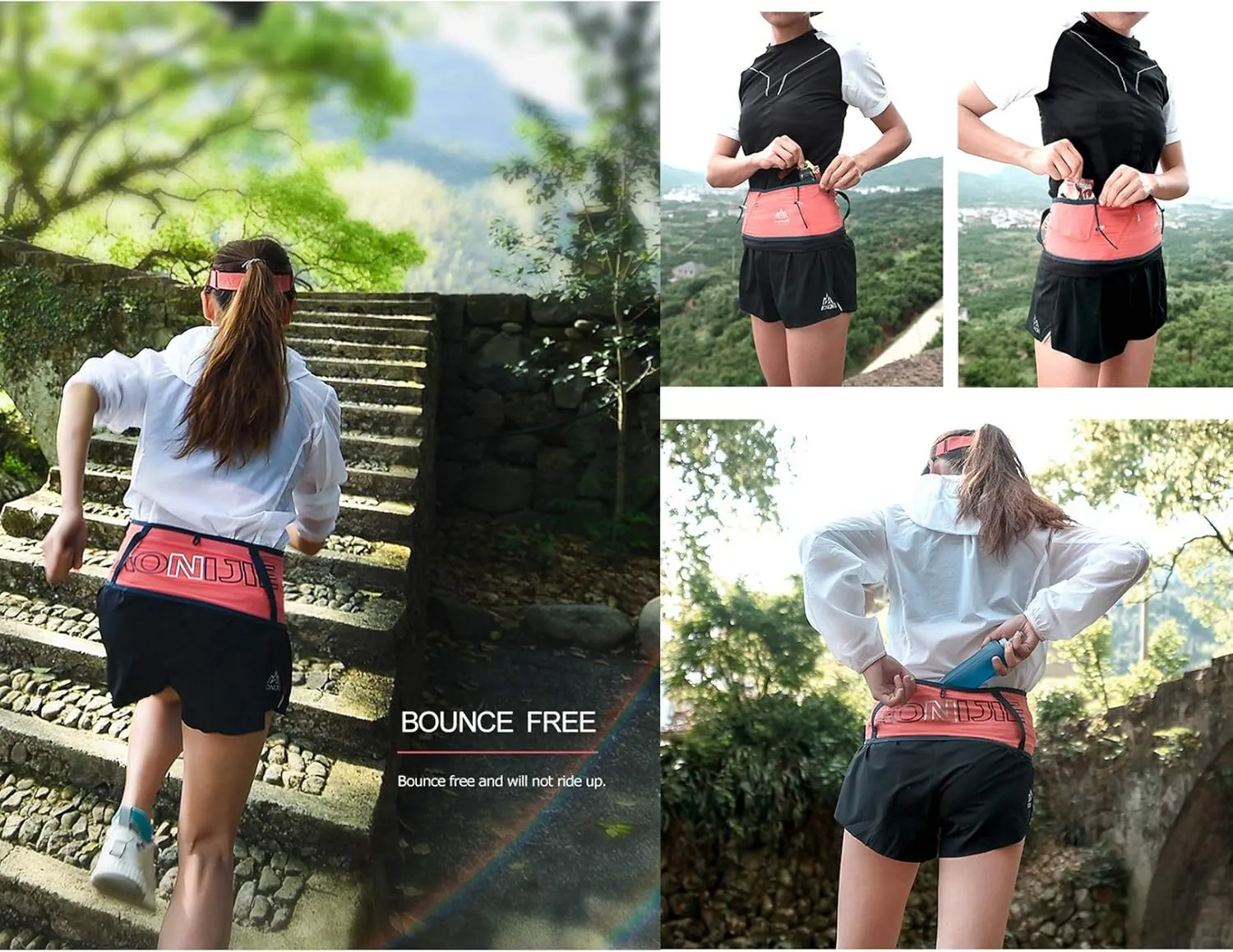 Running Pouch Belt Waist Pack Fanny Bag with 250ml Soft Water Bottle, Bounce Free Fashion Workout Jogging Travelling Money Pocket Belt for Women (Black, M/L)