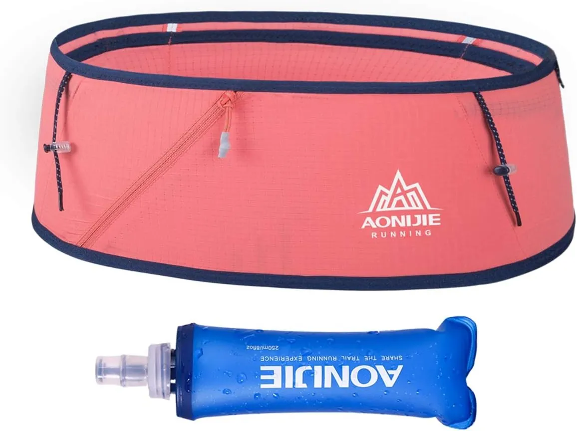 Running Pouch Belt Waist Pack Fanny Bag with 250ml Soft Water Bottle, Bounce Free Fashion Workout Jogging Travelling Money Pocket Belt for Women (Pink, S/M)