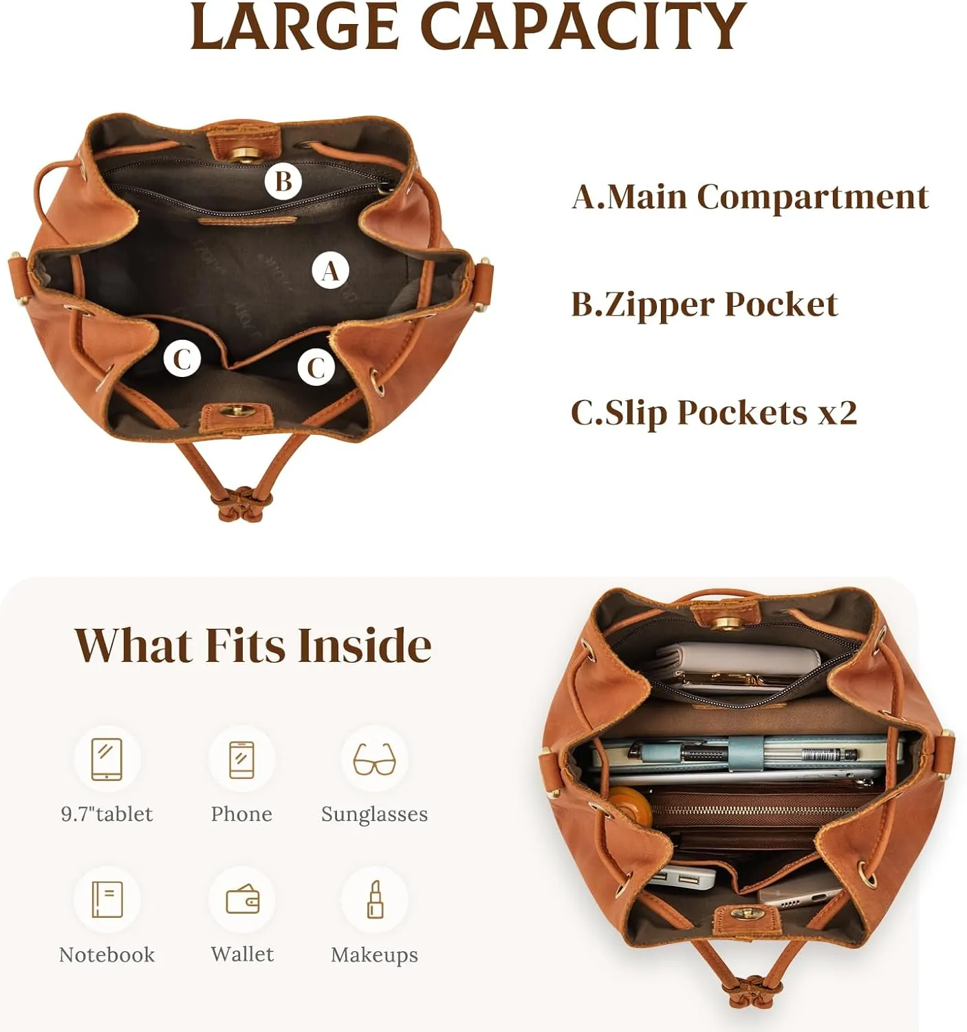 S-ZONE Genuine Leather Bucket Bags for Women Drawstring Crossbody Purses Shoulder Top Handle Handbags with 2 Straps