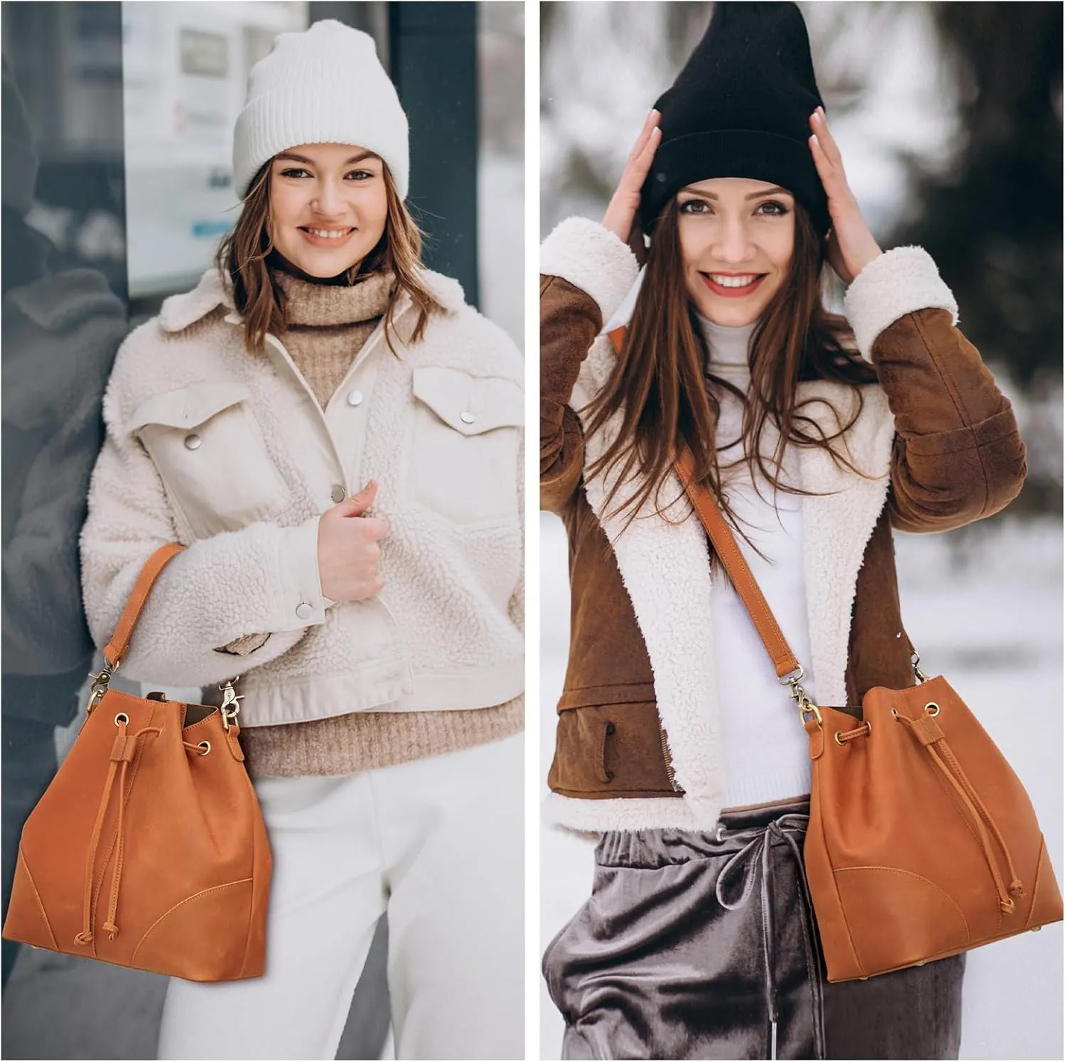 S-ZONE Genuine Leather Bucket Bags for Women Drawstring Crossbody Purses Shoulder Top Handle Handbags with 2 Straps