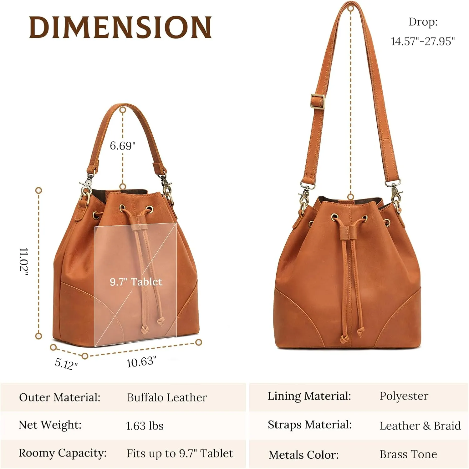 S-ZONE Genuine Leather Bucket Bags for Women Drawstring Crossbody Purses Shoulder Top Handle Handbags with 2 Straps