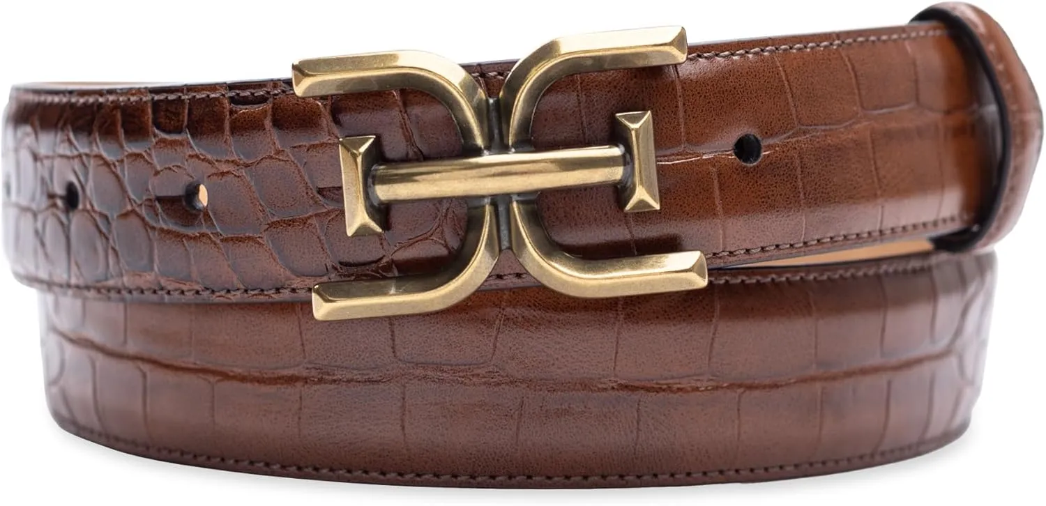 Sam Edelman Women's Fashion Double-E Plaque Logo Buckle Slim Textured Belt for Jeans, Dresses and Trousers
