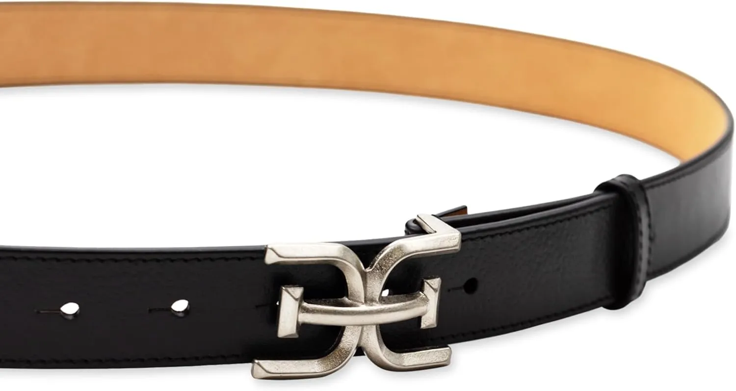 Sam Edelman Women's Fashion Double-E Plaque Logo Buckle Slim Textured Belt for Jeans, Dresses and Trousers