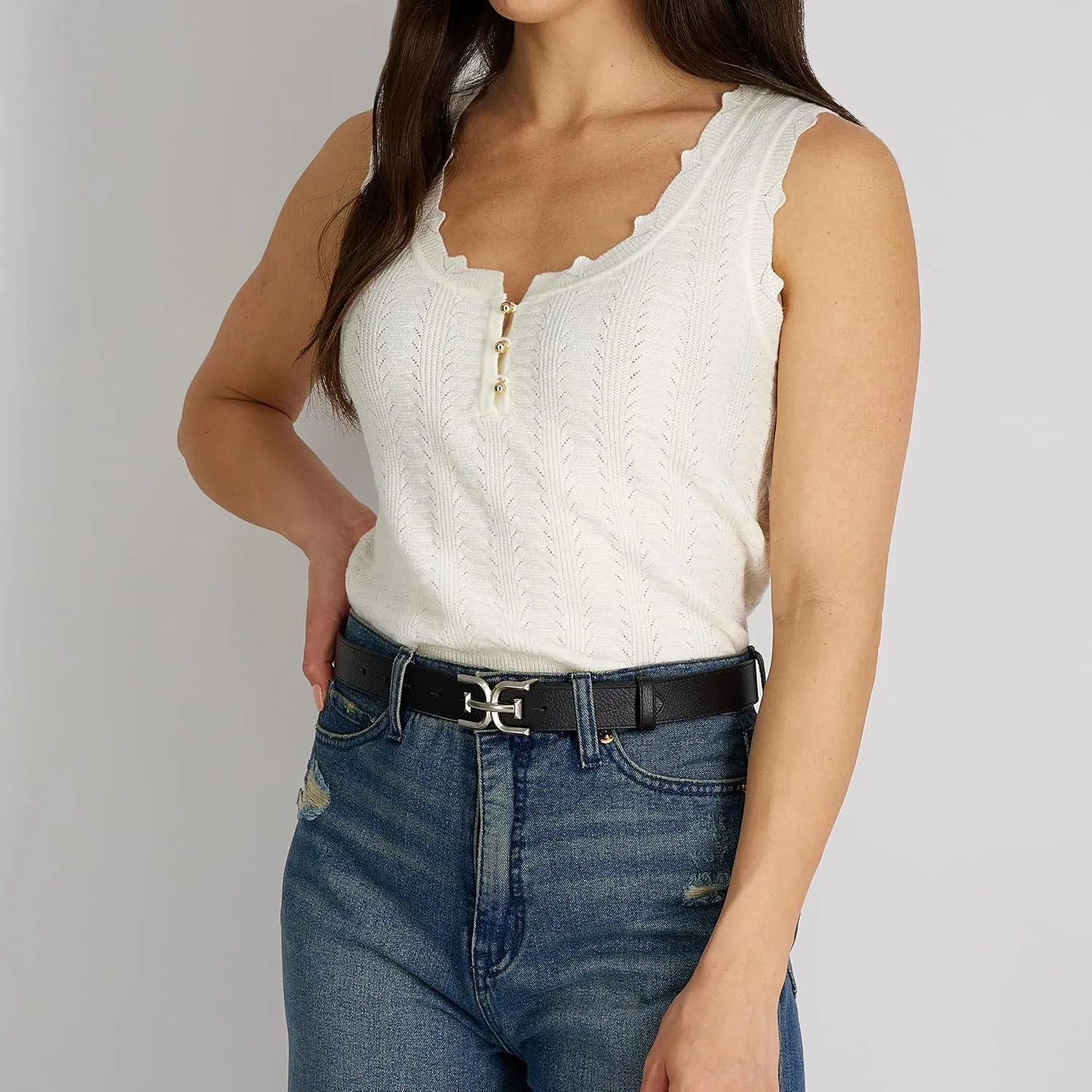Sam Edelman Women's Fashion Double-E Plaque Logo Buckle Slim Textured Belt for Jeans, Dresses and Trousers