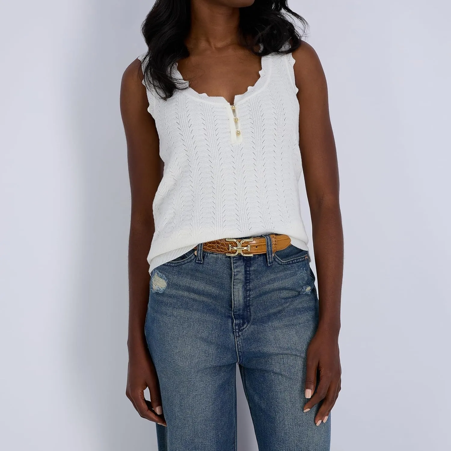 Sam Edelman Women's Fashion Double-E Plaque Logo Buckle Slim Textured Belt for Jeans, Dresses and Trousers