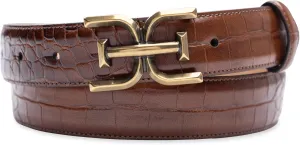 Sam Edelman Women's Fashion Double-E Plaque Logo Buckle Slim Textured Belt for Jeans, Dresses and Trousers