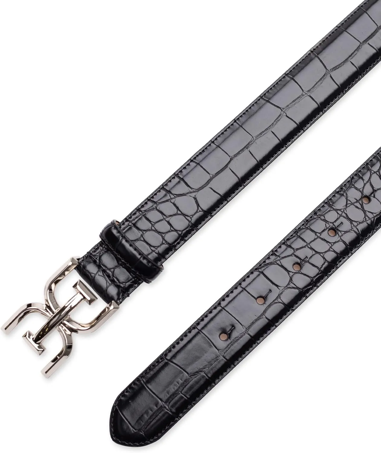 Sam Edelman Women's Fashion Double-E Plaque Logo Buckle Slim Textured Belt for Jeans, Dresses and Trousers