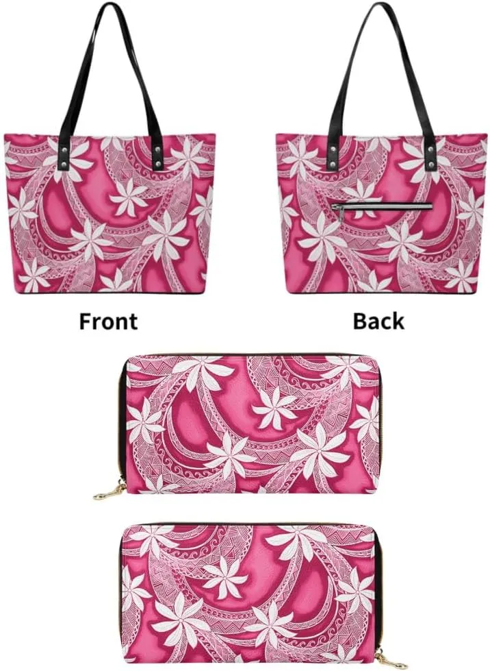 Samoan Tribal Floral Design Women'S Large Capacity Shoulder Bag Custom Polynesian Tote And Purse 2-Piece Set