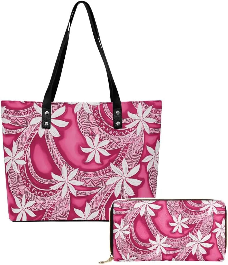Samoan Tribal Floral Design Women'S Large Capacity Shoulder Bag Custom Polynesian Tote And Purse 2-Piece Set