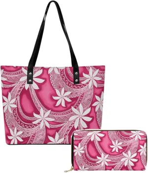 Samoan Tribal Floral Design Women'S Large Capacity Shoulder Bag Custom Polynesian Tote And Purse 2-Piece Set