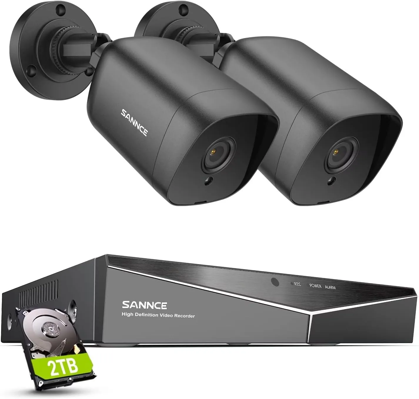 SANNCE 1080P CCTV Camera System, 5 in 1 DVR Hybrid Digital Video Recorder Compatible with TVI AHD CVI CVBS Analog IP Cameras, 2 IP66 Outdoor Security Camera, 2TB Hard Drive