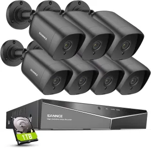 SANNCE 1080P CCTV Camera System, 5 in 1 DVR Hybrid Digital Video Recorder Compatible with TVI AHD CVI CVBS Analog IP Cameras, 7 IP66 Outdoor Security Camera, 1TB Hard Drive