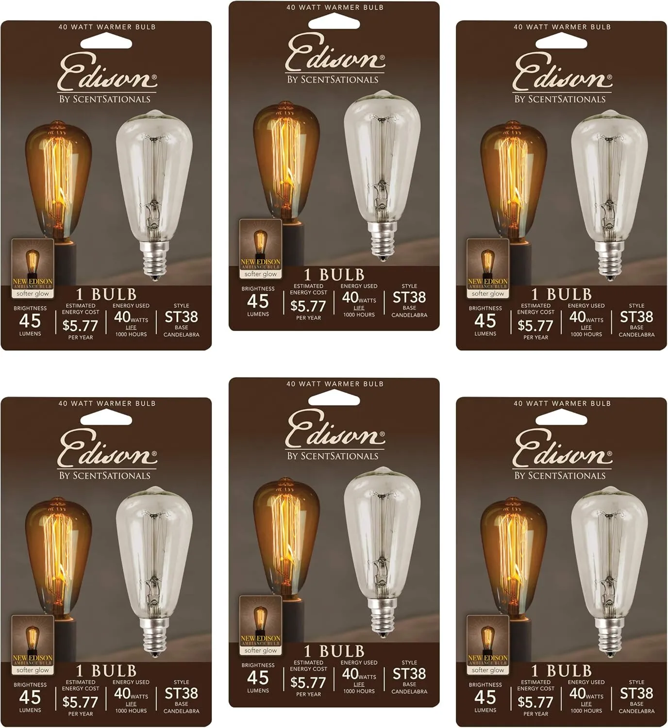Scentsationals 40w Bulb for Edison Wax Warmer - 40 Watt Light Candelabra E12 Base - Retro Vintage Replacement Electric Plug-in Wax Melter, Certified Style ST38 120 Volt (6-Pack)