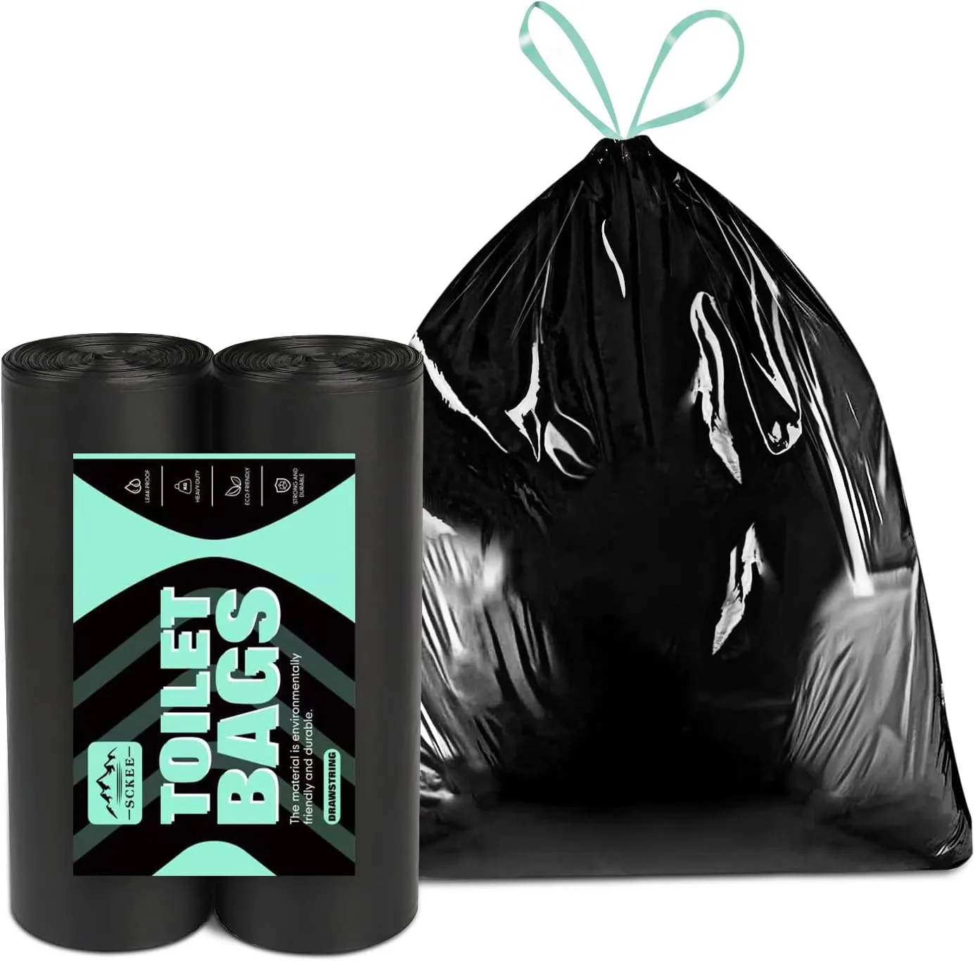 Sckee 50 Pack Heavy-Duty Waste Liners, Leak-Proof Potty Bags with Drawstring, Portable Toilet Buckets Bags for Hiking, Car Travel, Truck, RV, Boating, Road Trips & Outdoor Use (8 Gallon)
