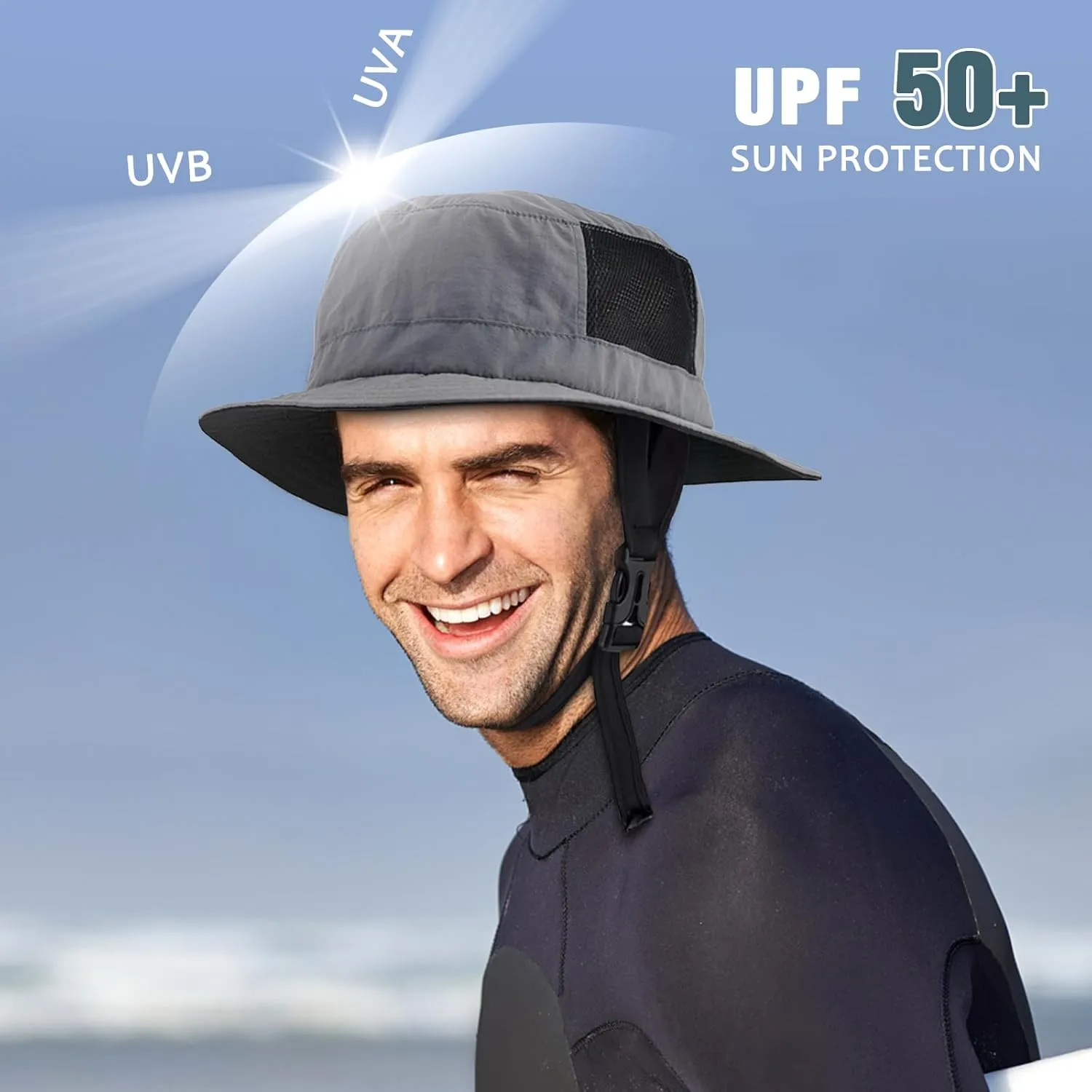 Seektop Surf Bucket Hat with UPF 50  UV Protection, Waterproof Sun Hat with Adjustable Chin Strap for Surfing, Water Sports