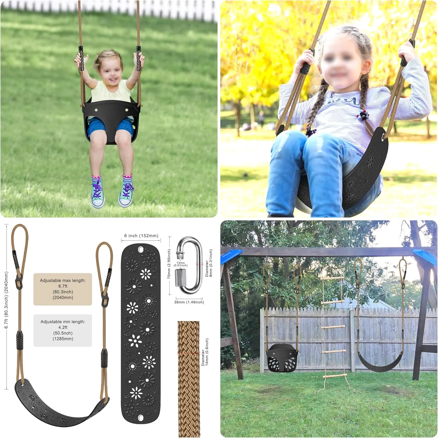 SELEWARE Toddler Swing Set Accessories High Back Full Bucket Swing Seats w/Adjustable Rope and 4 Locking Carabiners, Cute Elephant Shape Design 600LB Capacity (2 Pack)